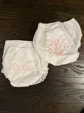 White Embroidered Girls' Bloomer Diaper Covers with Pink Detail